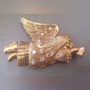 Vintage Brass Bronze Rhinestone Star Angel With Trumpet Pin Brooch